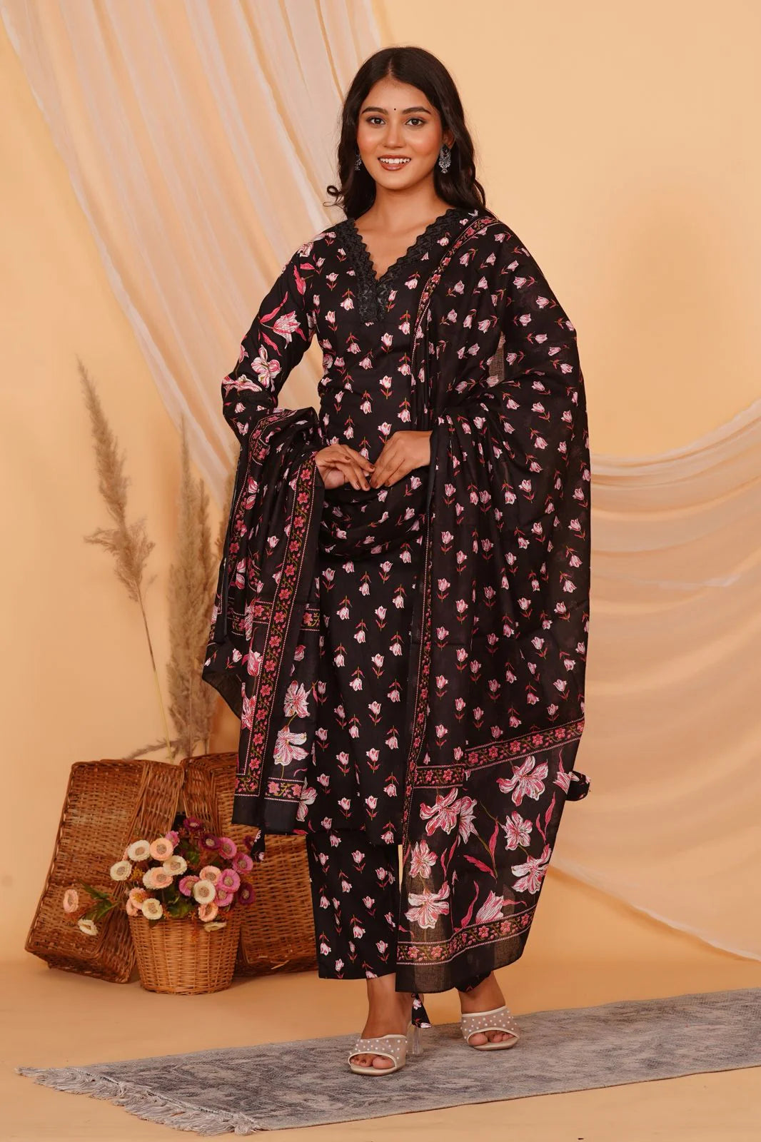 Black Blossom Cotton Dupatta Suit