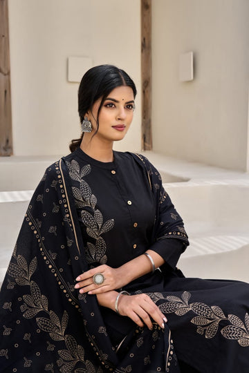 Black Flora Embroidery Cotton Dupatta Set