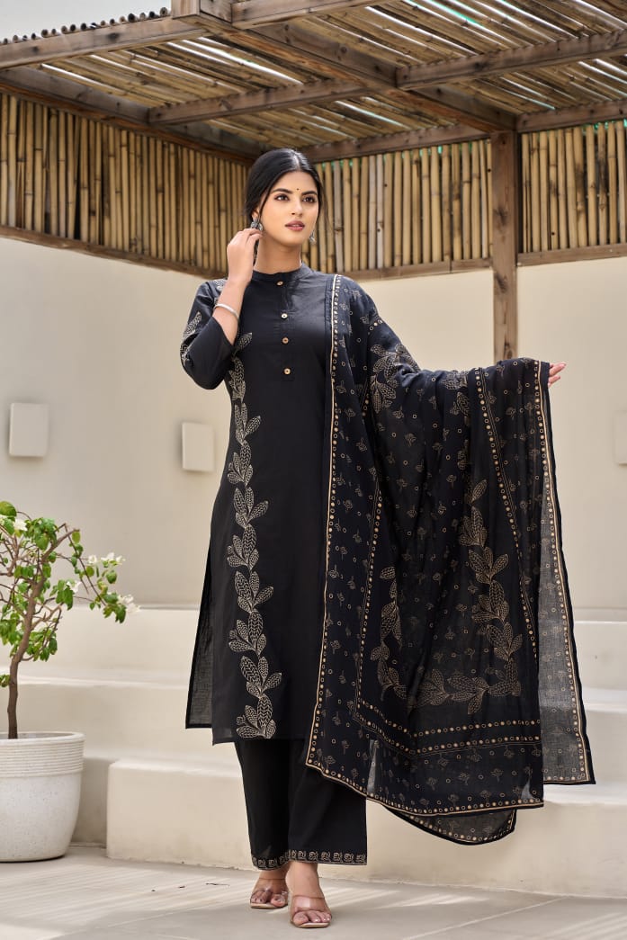 Black Flora Embroidery Cotton Dupatta Set