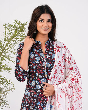 Black Garden Elegance Cotton Dupatta Suit