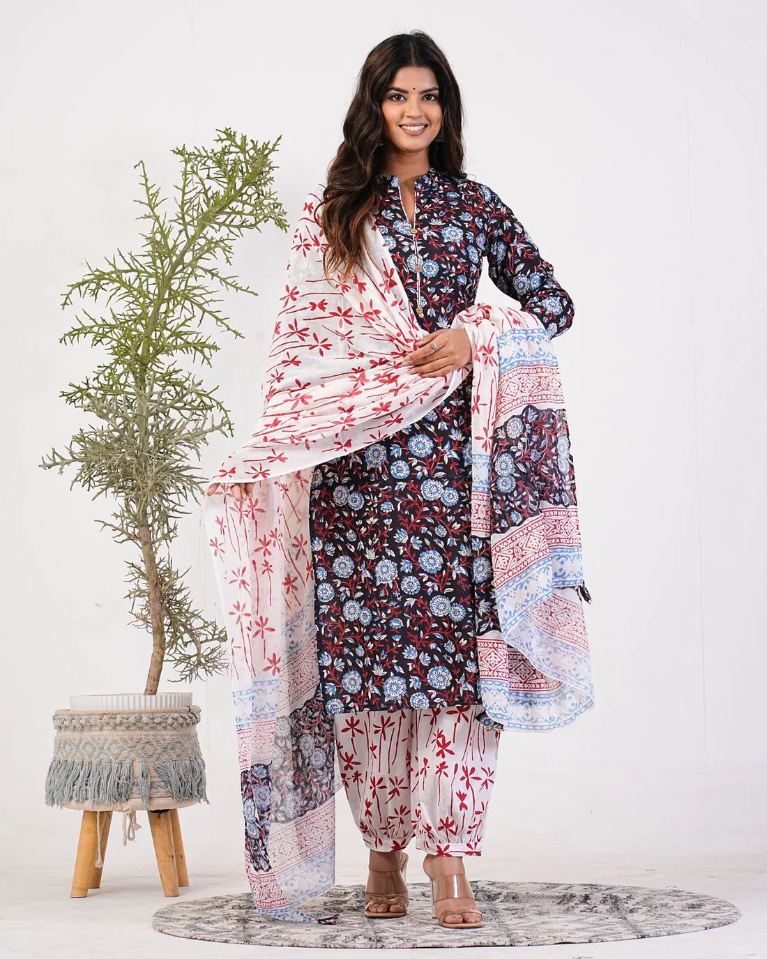 Black Garden Elegance Cotton Dupatta Suit