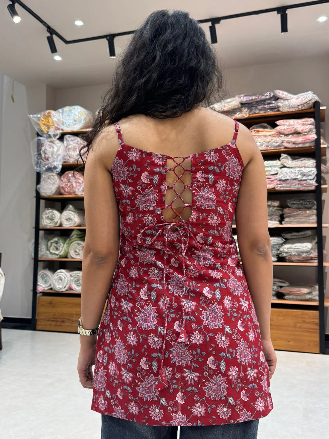 Crimson Gulbahar Noodle Strap Cotton Top