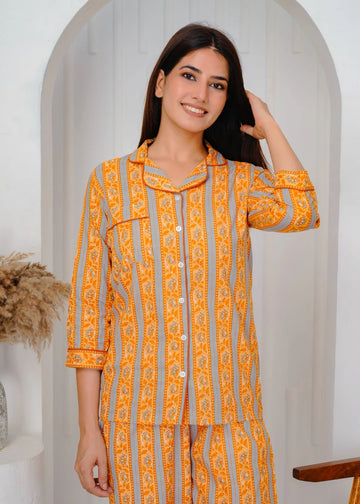 Mustard Gray Stripes Night Wear Set