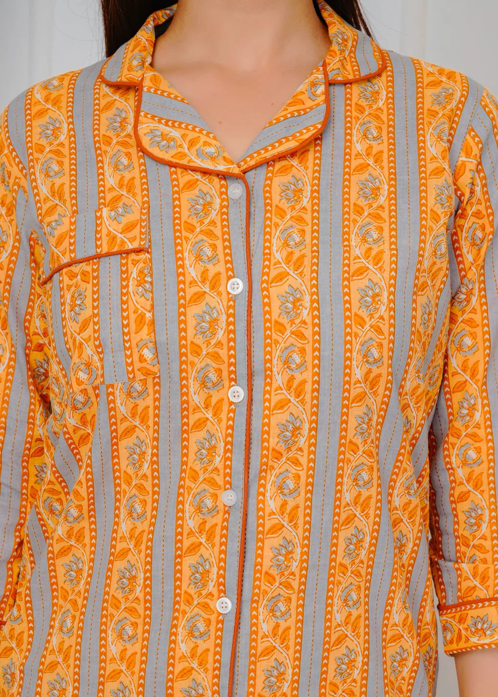 Mustard Gray Stripes Night Wear Set