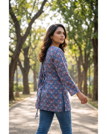 Aasmani Short Kurti - Hand Block Print