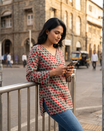 Meera Cotton Tunic – Sage & Red Lotus Print