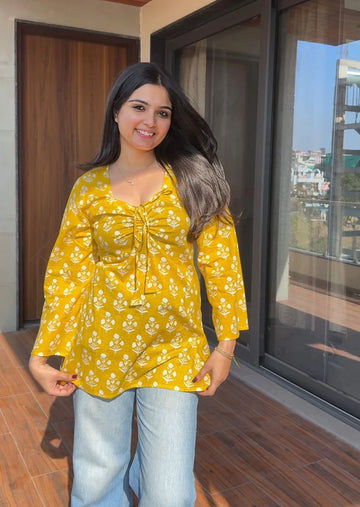 Keya Yellow Sweetheart-Neck Corset Back Kurti