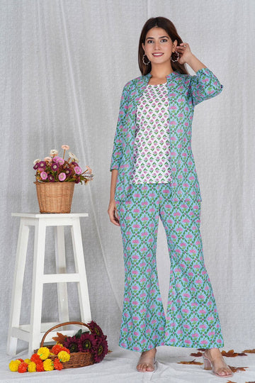 Blue Lotus Charm Three Piece Cotton Co-ord Set