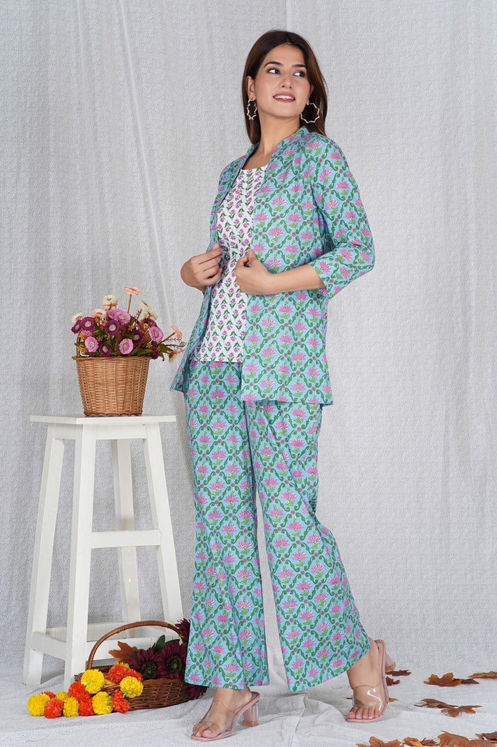 Blue Lotus Charm Three Piece Cotton Co-ord Set