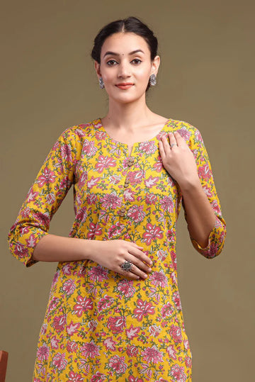 Yellow Petal Paradise Cotton Kurti