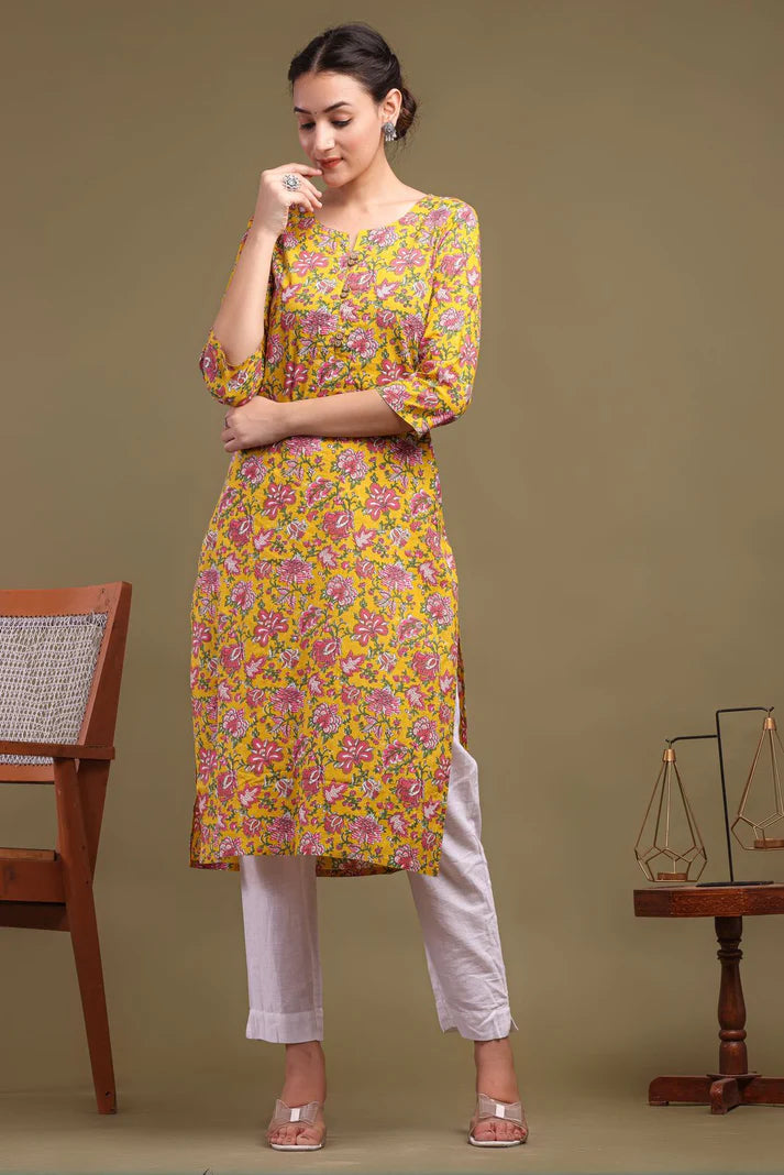 Yellow Petal Paradise Cotton Kurti
