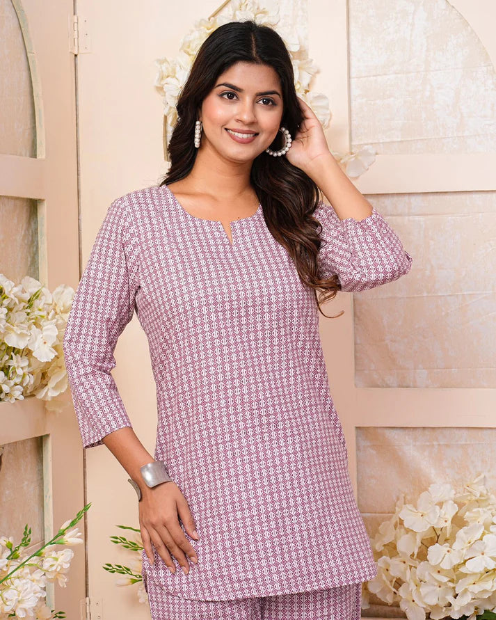Purple Geometrical Pattern Night Wear Set
