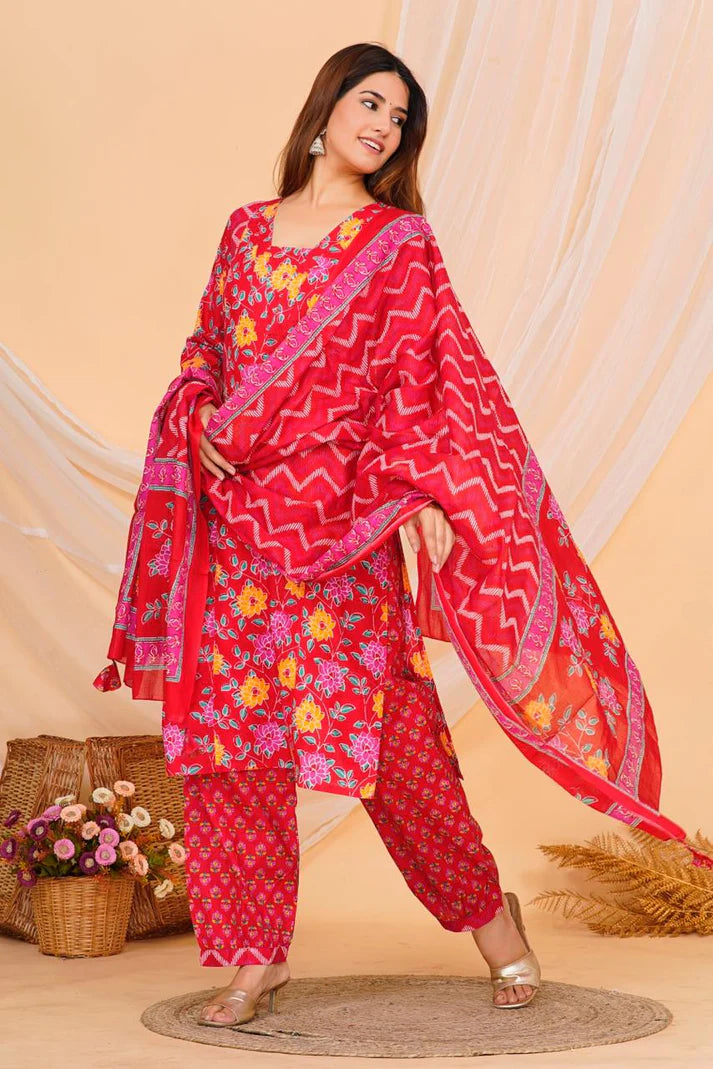 Red Radiance Cotton Afghani Suit